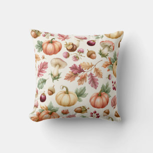Watercolor Autumn Pumpkin and Mushroom Pattern Throw Pillow