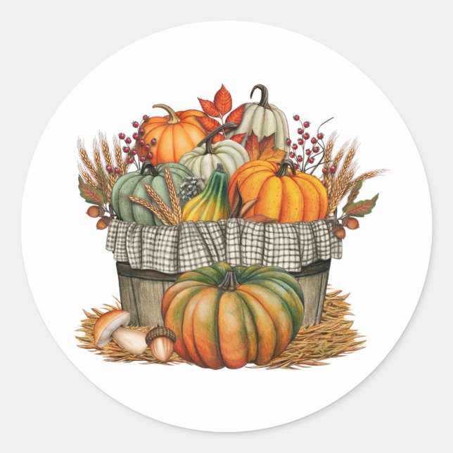 Watercolor Autumn Pumpkin and Wheat Harvest  Classic Round Sticker (Front)