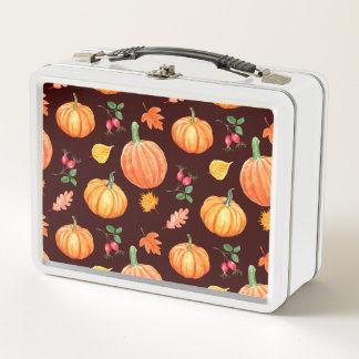 Watercolor Autumn Pumpkin Floral Pattern Metal Lunch Box