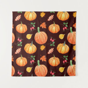Watercolor Autumn Pumpkin Floral Pattern Tapestry