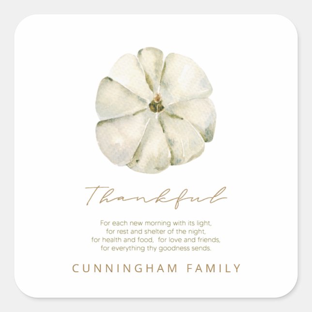 Watercolor Autumn Pumpkin Thankful Thanksgiving Square Sticker (Front)