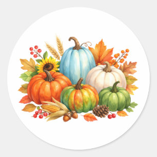 Watercolor Autumn Pumpkins and Leaves Classic Round Sticker