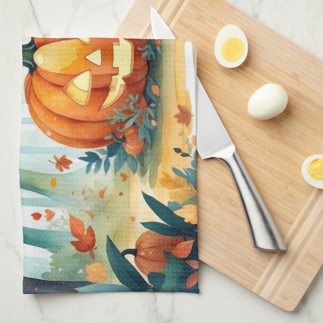 Watercolor Autumn Pumpkins Fall Leaves Forest  Kitchen Towel (Quarter Fold)