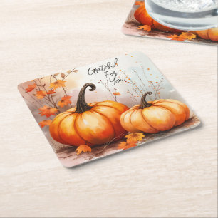 Watercolor Autumn Pumpkins Grateful Square Paper Coaster