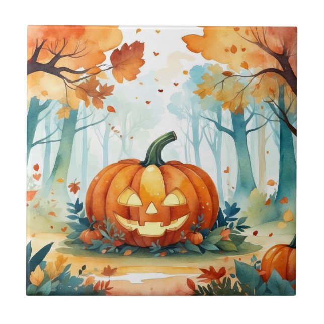 Watercolor Autumn Pumpkins Harvest Forest  Tile (Front)