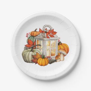 Watercolor Autumn Pumpkins, Leaves and Berries  Paper Plate