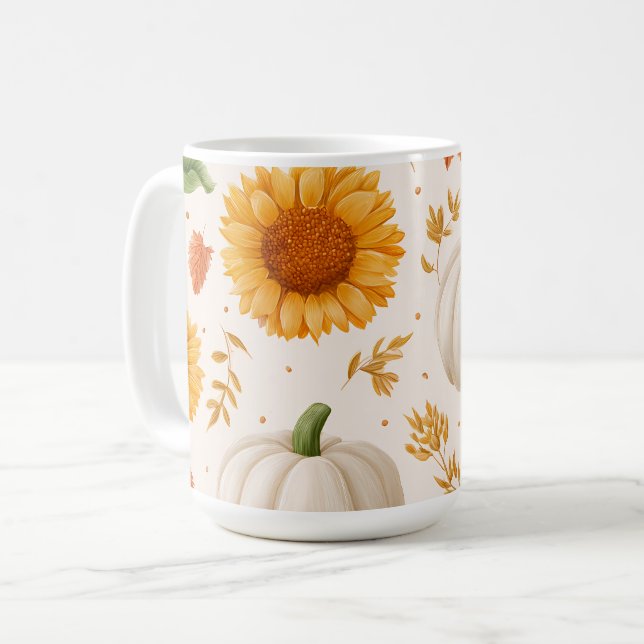 Watercolor Autumn Pumpkins & Sunflowers Pattern Coffee Mug (Front Left)