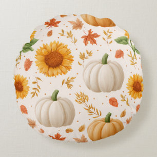 Watercolor Autumn Pumpkins & Sunflowers Pattern Round Pillow