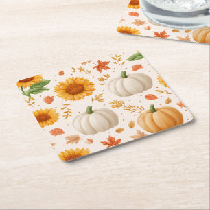Watercolor Autumn Pumpkins & Sunflowers Pattern Square Paper Coaster