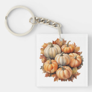 Watercolor Autumn Pumpkins with Leaves Keychain
