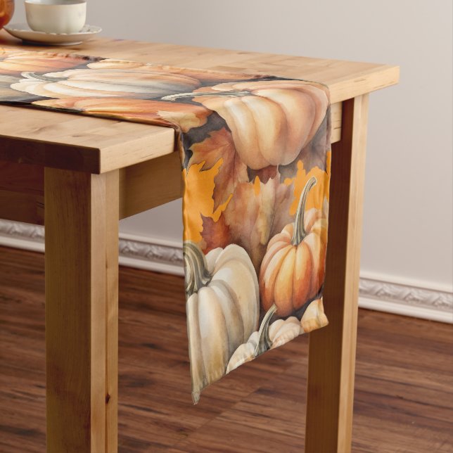 Watercolor Autumn Pumpkins with Leaves Long Table Runner (In Situ)