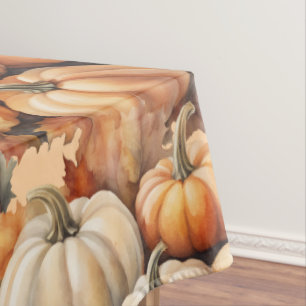 Watercolor Autumn Pumpkins with Leaves Tablecloth
