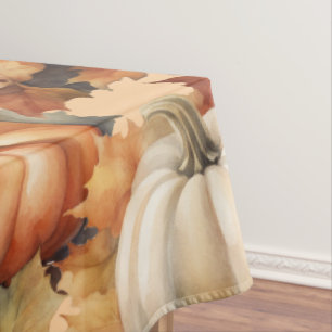 Watercolor Autumn Pumpkins with Leaves Tablecloth