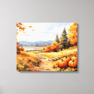 Watercolor Autumn Road Pumpkin Falling Leaves Canvas Print