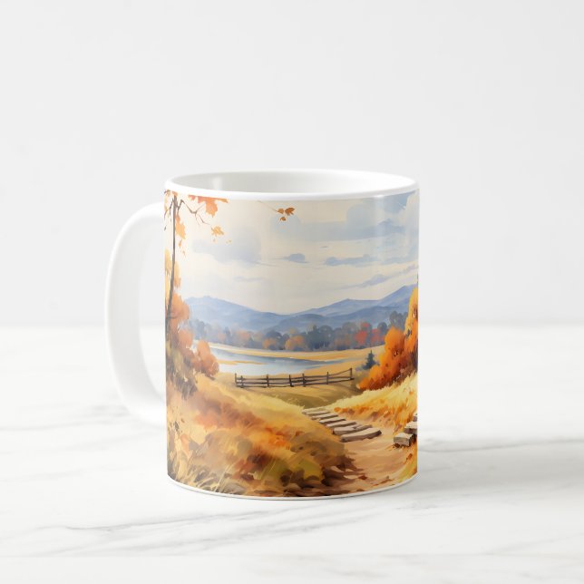 Watercolor Autumn Road Pumpkin Falling Leaves Coffee Mug (Front Left)