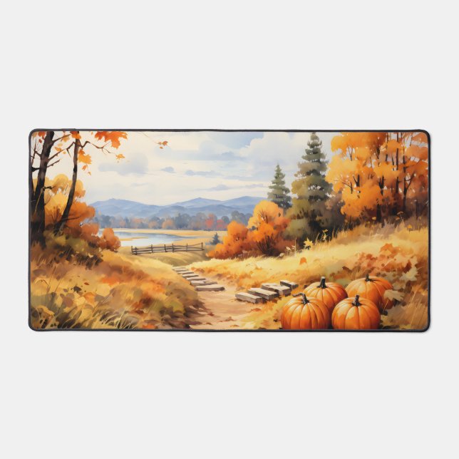 Watercolor Autumn Road Pumpkin Falling Leaves Desk Mat (Front)