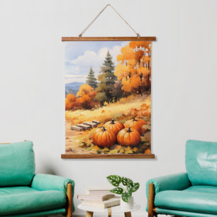 Watercolor Autumn Road Pumpkin Falling Leaves Hanging Tapestry