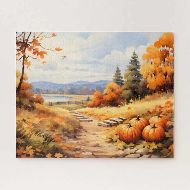 Watercolor Autumn Road Pumpkin Falling Leaves Jigsaw Puzzle (Horizontal)