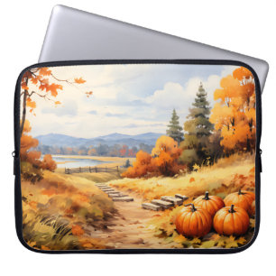 Watercolor Autumn Road Pumpkin Falling Leaves Laptop Sleeve