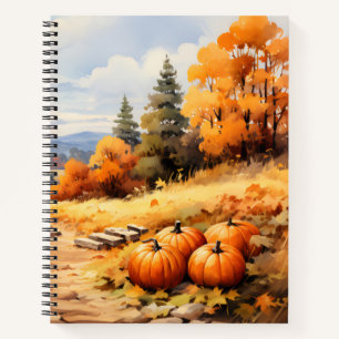 Watercolor Autumn Road Pumpkin Falling Leaves Notebook
