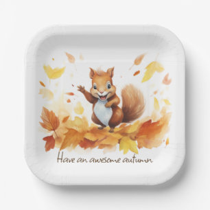 Watercolor Autumn Squirrel With Leaves Paper Plate