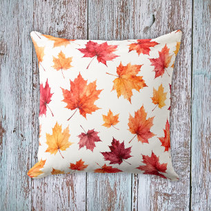 Watercolor Autumn Sugar Maple Leaf Pattern Throw Pillow