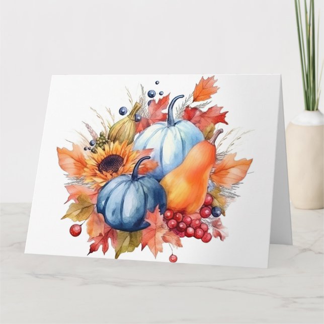 Watercolor Autumn Sunflower & Blue Pumpkins Card (Front)