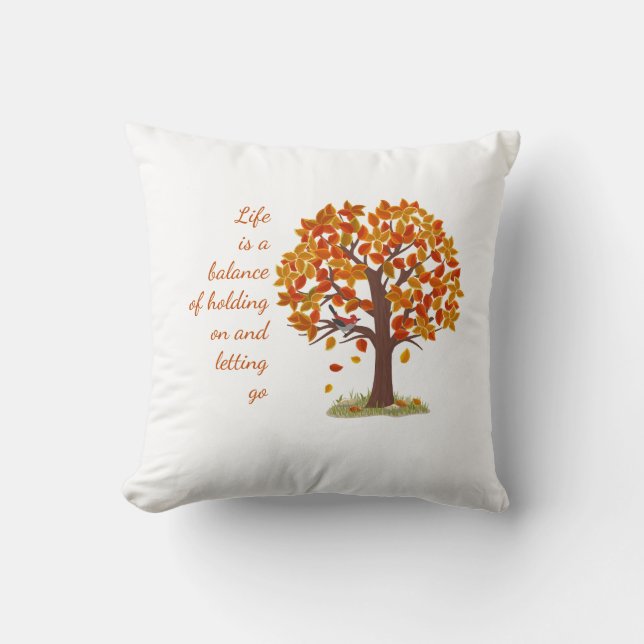 Watercolor Autumn Tree Life is Balance Quote  Throw Pillow (Front)