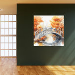 Watercolor Autumn Trees Walking Bridge Landscape Canvas Print<br><div class="desc">Wrapped canvas wall art featuring a watercolor illustration of an Autumn landscape with trees in vibrant fall colours in the background and a wooded walking bridge over a flowing stream in the foreground. Shown in 12x12. Additional sizes and styles available, image may need to be altered to fit desired size....</div>