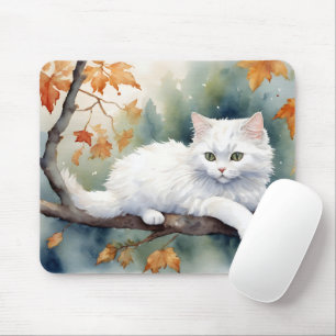 Watercolor Autumn White Cat  Mouse Pad