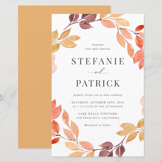 Watercolor Autumn Wreath Wedding Invitation (Front/Back)