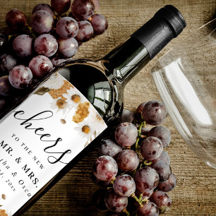 Watercolor Autumn Yellow & White Floral Frame Wine Label