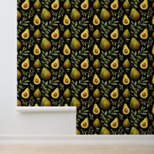 Watercolor Avacado and Branches Pattern Wallpaper