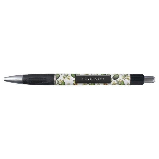 Watercolor Avocado Botanical Pattern Custom Name Pen (Front)