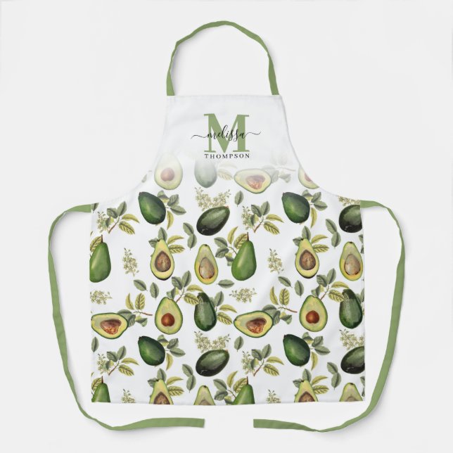 Watercolor Avocado Botanical Pattern Monogrammed Apron (Front)