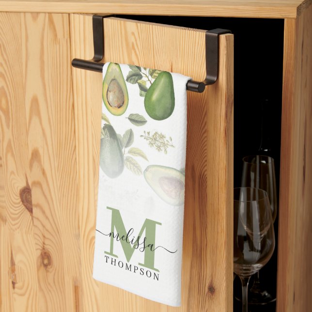 Watercolor Avocado Botanical Pattern Monogrammed Kitchen Towel (Thirds Fold)