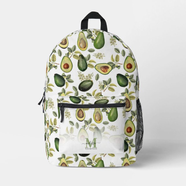 Watercolor Avocado Botanical Pattern Monogrammed Printed Backpack (Front)