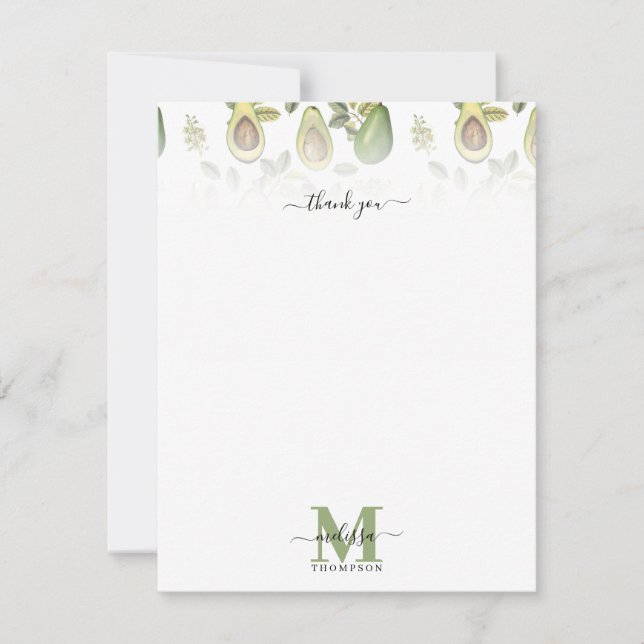Watercolor Avocado Botanical Pattern Monogrammed Thank You Card (Front)