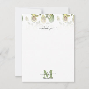 Watercolor Avocado Botanical Pattern Monogrammed Thank You Card