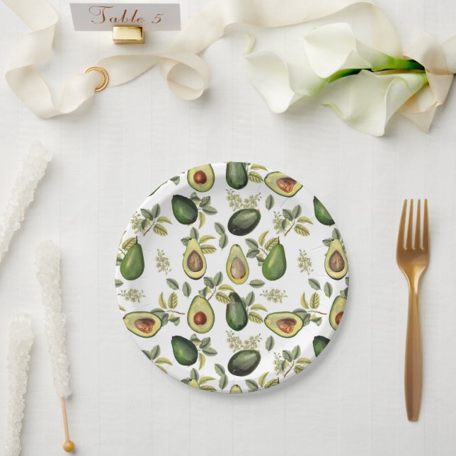 Watercolor Avocado Botanical Pattern Paper Plate (Wedding)