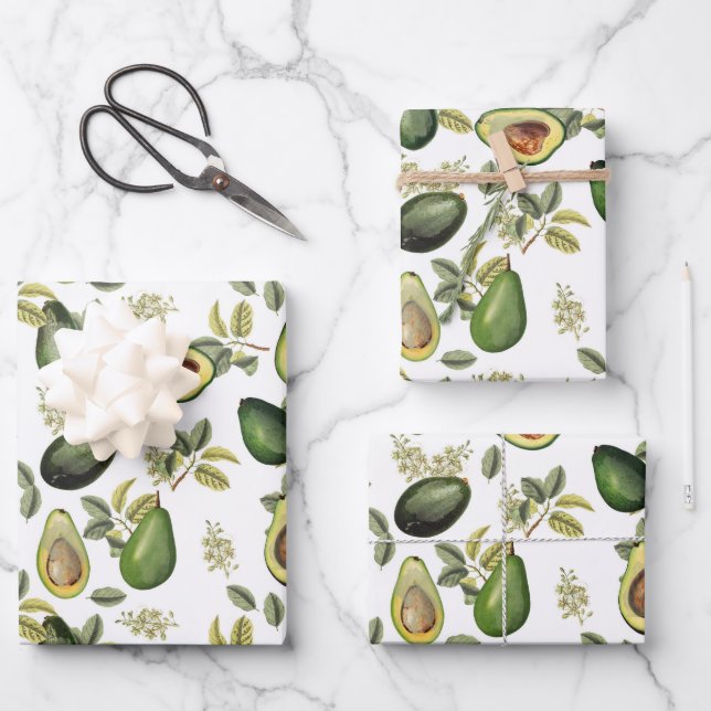 Watercolor Avocado Botanical Pattern Wrapping Paper Sheet (Front)