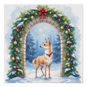 Watercolor Azawakh Snowy Stone Arch Christmas Poster