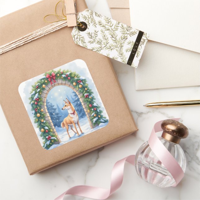 Watercolor Azawakh Snowy Stone Arch Christmas Square Sticker (Gifting)