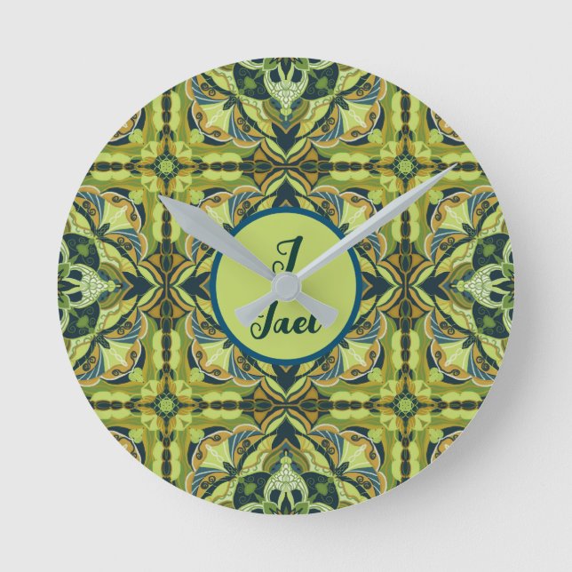 Watercolor Azulejo Green Spanish Personalized Round Clock (Front)