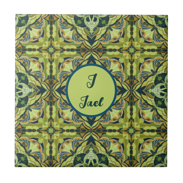 Watercolor Azulejo Green Spanish Personalized  Tile (Front)