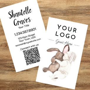 Watercolor Baby and Bunny QR Code Vertical Business Card