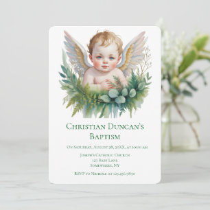 Watercolor Baby Angel Feather Wings Baptism  Invitation