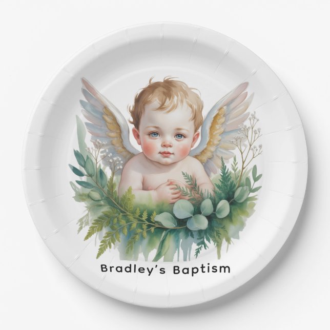 Watercolor Baby Angel with Greenery Baptism  Paper Plate (Front)