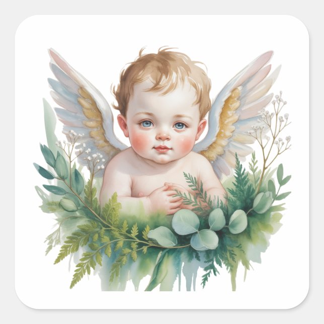 Watercolor Baby Angel with Greenery Baptism  Square Sticker (Front)