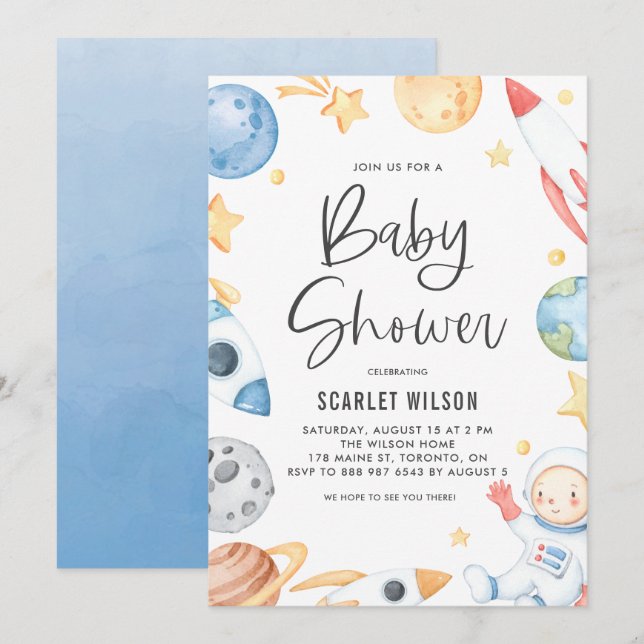 Watercolor Baby Astronaut Space Theme Baby Shower Invitation (Front/Back)